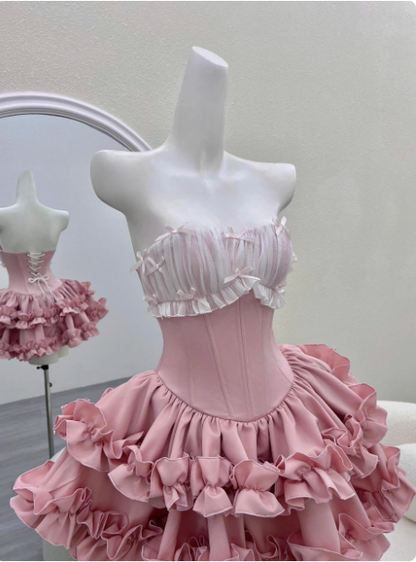 Princess Tube Top Fishbone Waist Ruffled Puffy Birthday Skirt Homecoming Dress cc3817