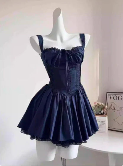 Vintage Spaghetti Strap Pleated A-Line Lace Short Party Dress Cocktail Dress Homecoming Dress HZ1024