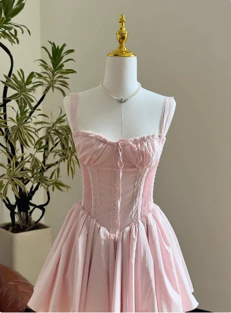 Vintage Spaghetti Strap Pleated A-Line Lace Short Party Dress Cocktail Dress Homecoming Dress HZ1024