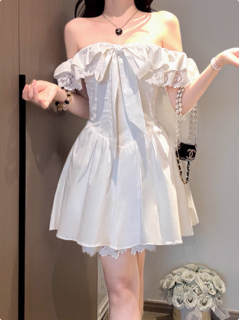 Sweet Bow Shoulder Lace A-line Birthday Short Skirt Homecoming Dress cc3819