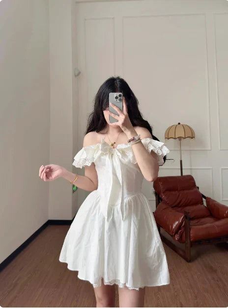 Vintage White Off-the-shoulder A-Line Lace Short Party Dress Cocktail Dress Homecoming Dress HZ1024