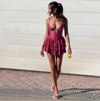 Vintage Fuchsia Lace Spaghetti Strap A-Line Short Tiered Party Dress Cocktail Dress Homecoming Dress HZ1024