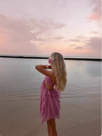 Pink Three-dimensional Flower Halter Neck Layer Ruffle Irregular Birthday Short Skirt Homecoming Dress cc3832