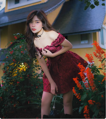 Sweet Burgundy Jacquard Shoulder Strap Waist A-line 17th Birthday Homecoming Dress cc3835