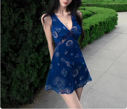 Retro V-neck Printed Mesh Suspenders Birthday Short Skirt Homecoming Dress cc3839