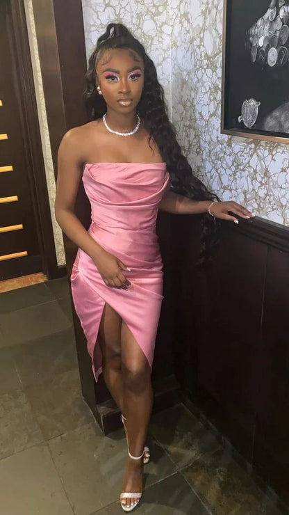 Sweet Pink Tube Top Satin High Slit 17th Birthday Homecoming Dress cc3875