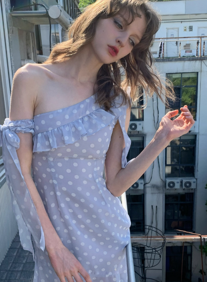 Sweet Purple Polka Dot Off-shoulder Chiffon Birthday Short Skirt Homecoming Dress cc3886