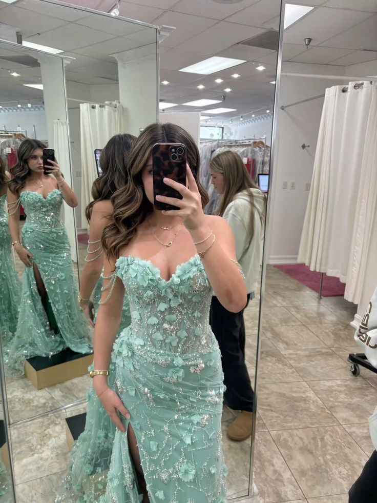 Beautiful Mint Green Mermaid Sweetheart Neckline 3D Floral High Slit Tulle Long Prom Dress Evening Dress cc5105
