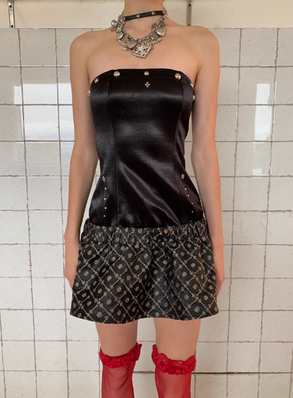 Vintage Black Studded Jacquard Satin Tube Top 17th Birthday Homecoming Dress cc3901