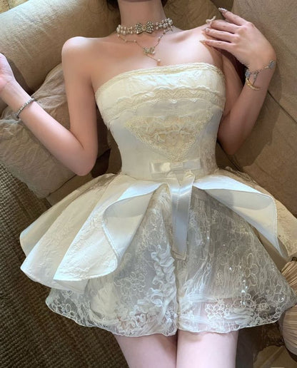 Sweet Ivory Strapless Lace And Satin A-line 16th Birthday Homecoming Dress cc4406