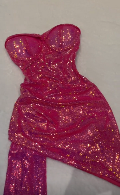 Shiny Pink Tube Top Sequin Irregular 17th Birthday Homecoming Dress cc3919