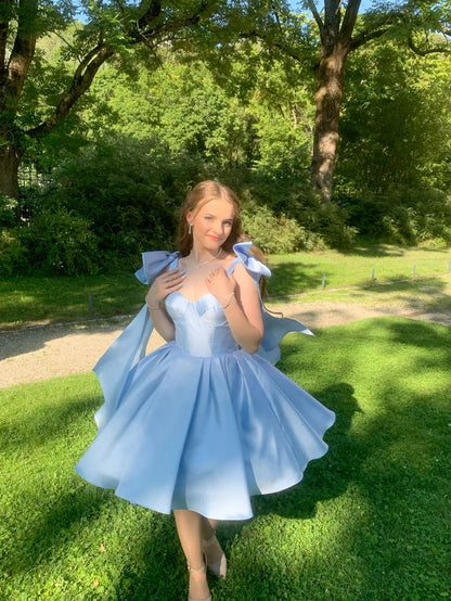 Princess Blue Lace-up Bow A-line Sweet Birthday Dress Homecoming Dress cc3922