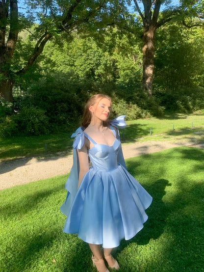 Princess Blue Lace-up Bow A-line Sweet Birthday Dress Homecoming Dress cc3922