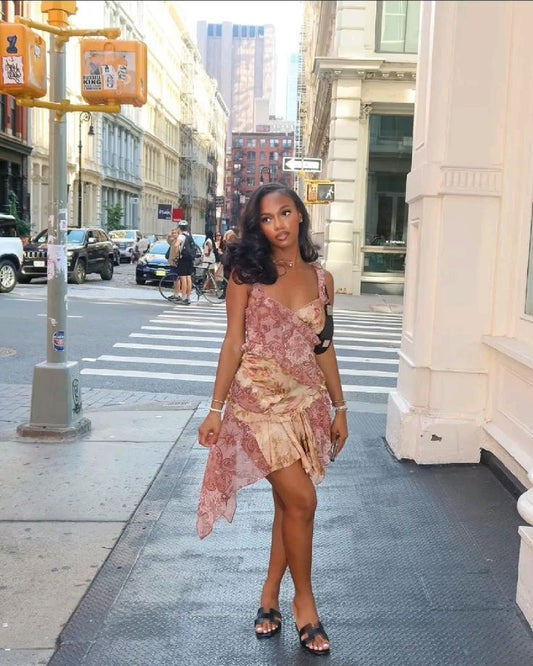 Retro Print Strap Chiffon Irregular Birthday Short Skirt Homecoming Dress cc3939