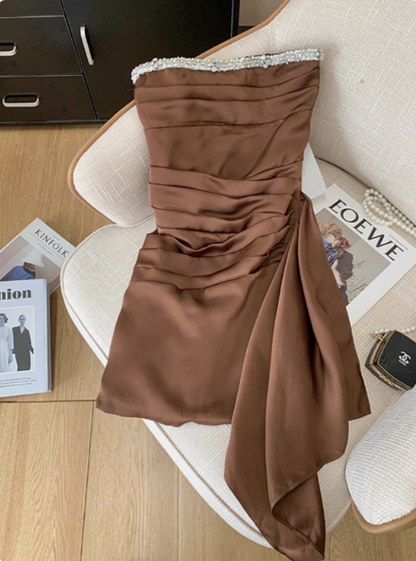 Elegant Brown Strapless Ribbon Diamond Birthday Short Skirt Homecoming Dress cc3959