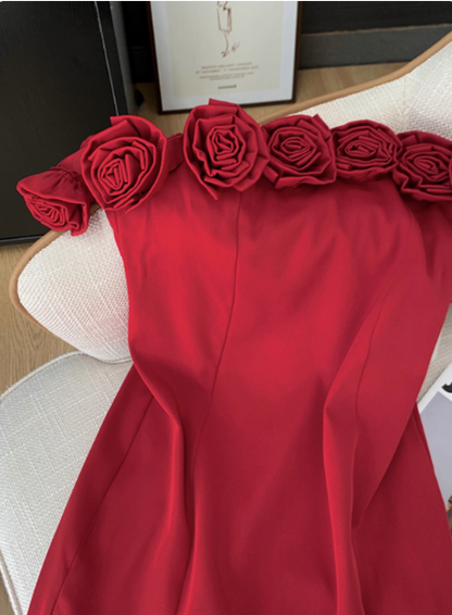 Stunning Red Rose One Shoulder Satin Hip Birthday Short Skirt Homecoming Dress cc3965