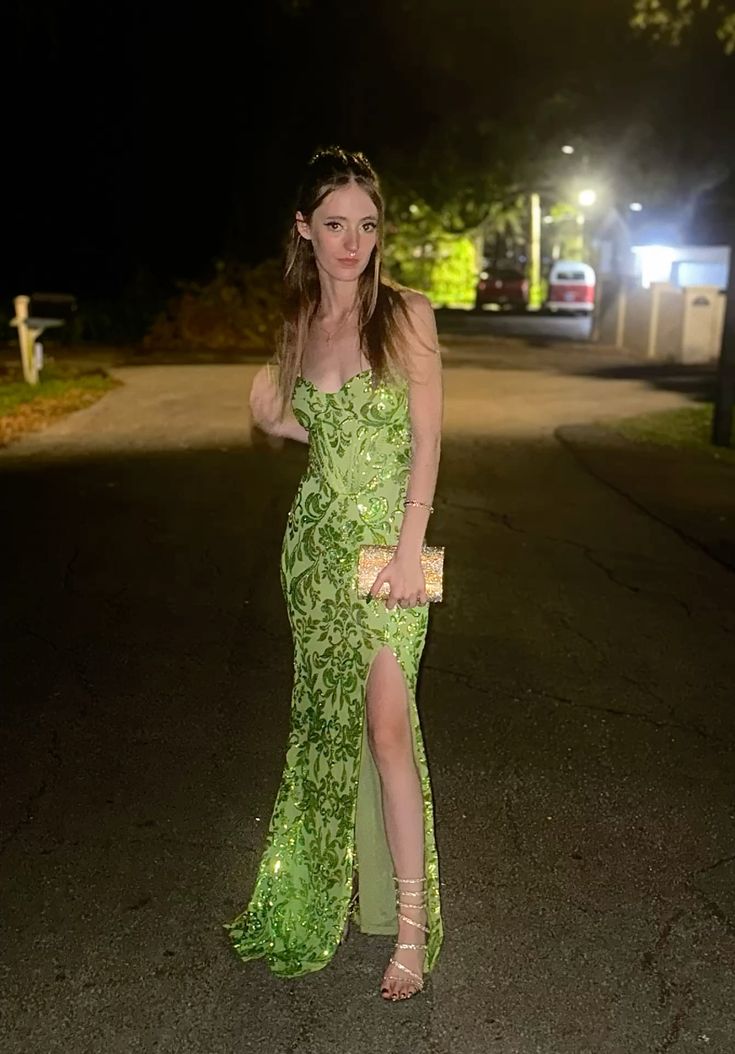 Beautiful Bright Green Mermaid Slit Sequined Long Prom Dress Evening Dress cc5113