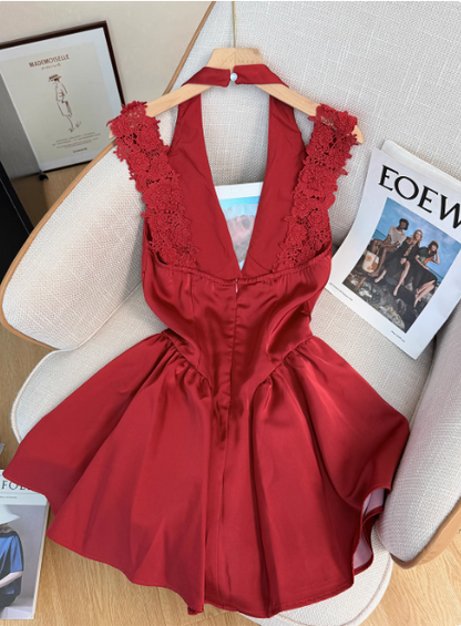 Beautiful Red Lace Halter Neck Backless A-line Birthday Short Skirt Homecoming Dress cc3969