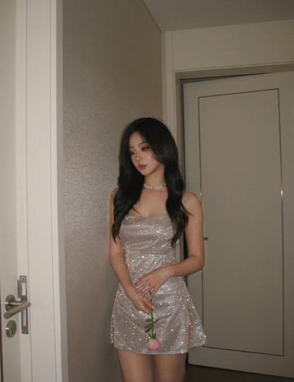 Galaxy Glitter Silver Strap Backless Birthday Dress Homecoming Dress cc3982