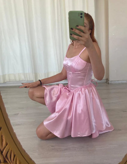 Sweet Pink Back Tie Bow Corset Satin A-line 16th Birthday Homecoming Dress cc4418