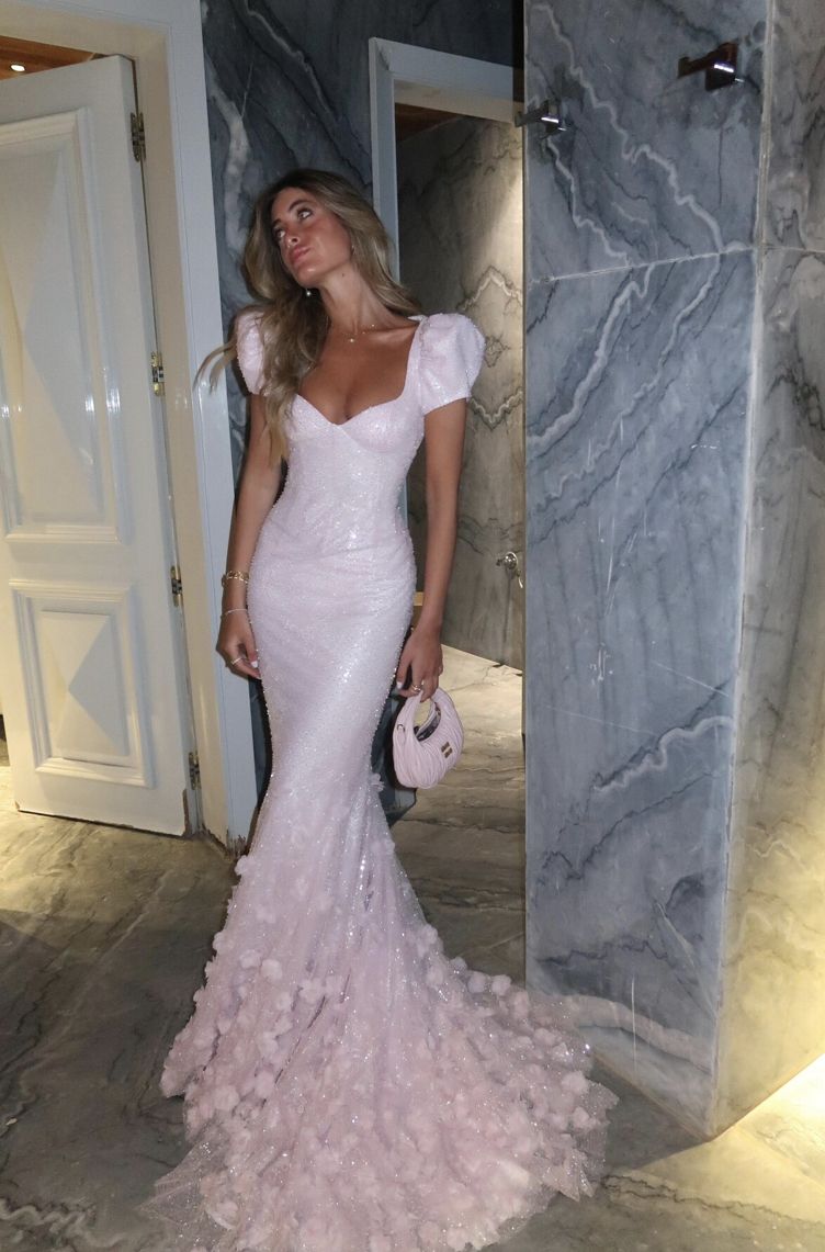 Sweet Princess Light Pink Mermaid Puff Sleeve 3D Floral Tulle Train Prom Dress Evening Dress cc5119