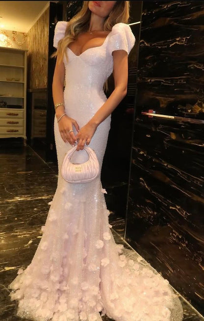 Sweet Princess Light Pink Mermaid Puff Sleeve 3D Floral Tulle Train Prom Dress Evening Dress cc5119
