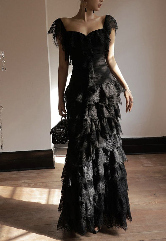 Elegant Black Mermaid Layered Lace Long Prom Dress Evening Dress cc5124
