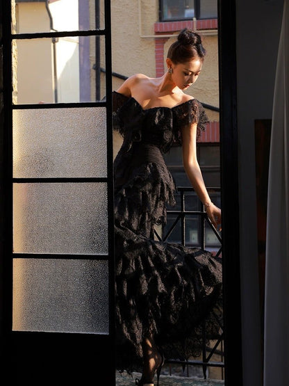 Elegant Black Mermaid Layered Lace Long Prom Dress Evening Dress cc5124