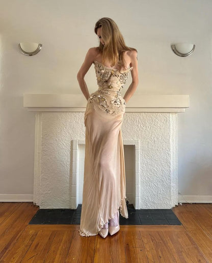 Vintage Nude Apricot Mermaid Waist-Cinching Beaded Chiffon Long Prom Dress Evening Dress cc5125