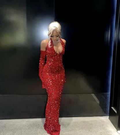 Enchanting Glittering Sequin Beaded Mermaid Halter-neck Prom Dress Party Dress Evening Dress HZ1024