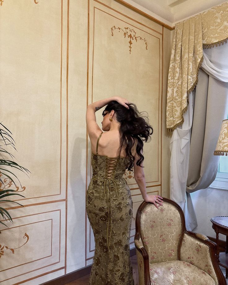 Vintage Olive Gold-Brown Mermaid Spaghetti Strap Sequined Embroidered Long Prom Dress Evening Dress cc5128