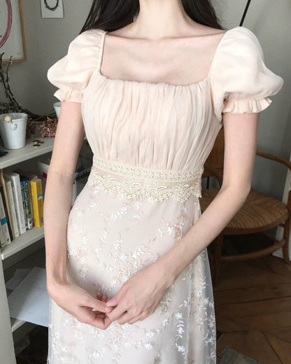 French Nude Apricot A-line Square Neck Puff Sleeve Lace Embroidery Tulle Long Prom Dress Evening Dress cc5137