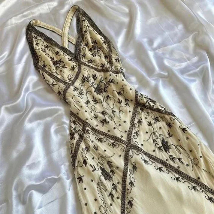 Vintage Ivory V-neck Embroidery Mermaid Prom Dress Party Dress Evening Dress HZ1024