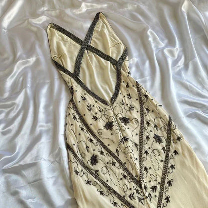 Vintage Ivory V-neck Embroidery Mermaid Prom Dress Party Dress Evening Dress HZ1024