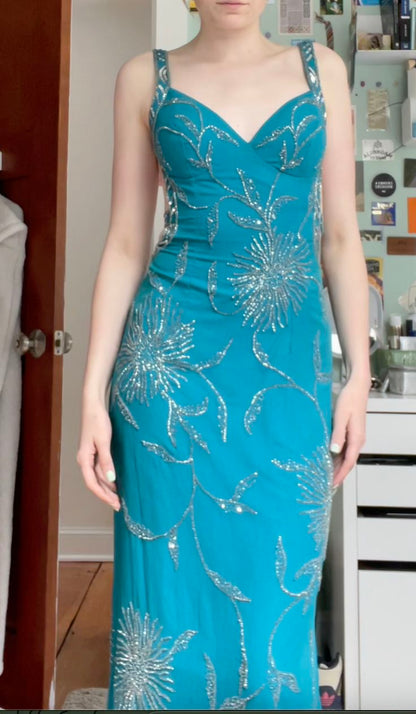Vintage Peacock Blue Mermaid Deep V Silver Shimmering Floral Long Prom Dress Evening Dress cc5139