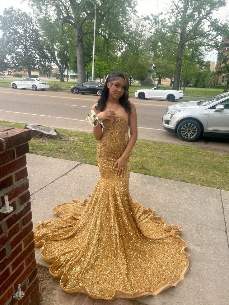 Luxurious Gold Mermaid Sequined Prom Dress Evening Dress cc5144