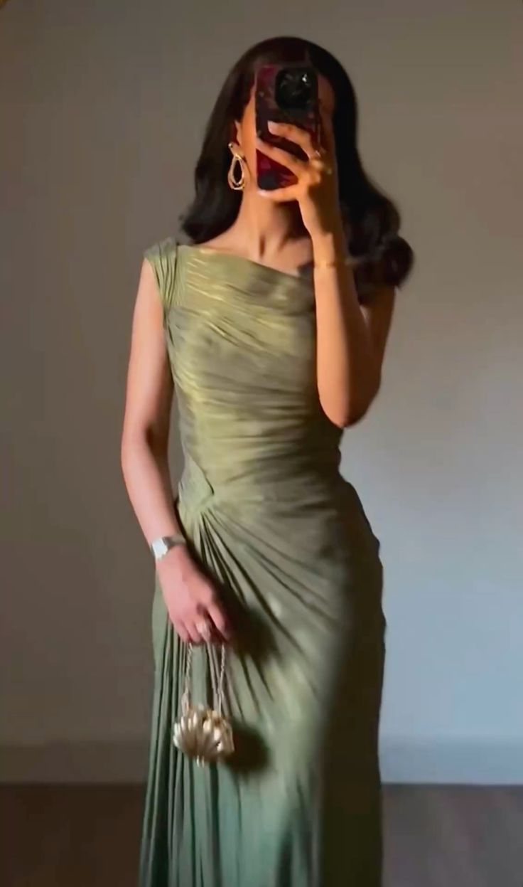 Elegant Olive Green One-Shoulder Neckline Pleated Satin Mermaid Prom Dress Evening Dress cc5145
