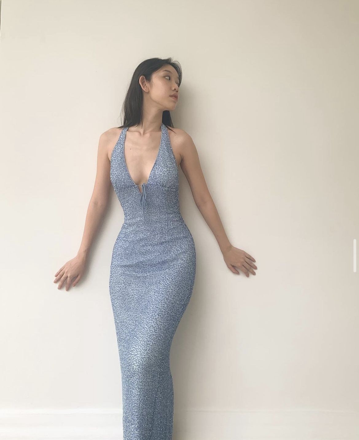 Simple Light Gray Blue Mermaid Halter Neck V-neck Sequined Long Prom Dress Evening Dress cc5146