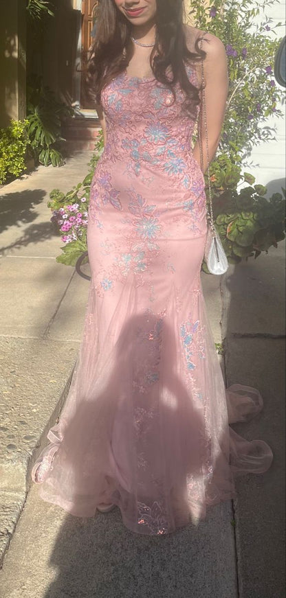 Sweet Pink Mermaid Embroidered Tulle Long Prom Dress Evening Dress cc5148