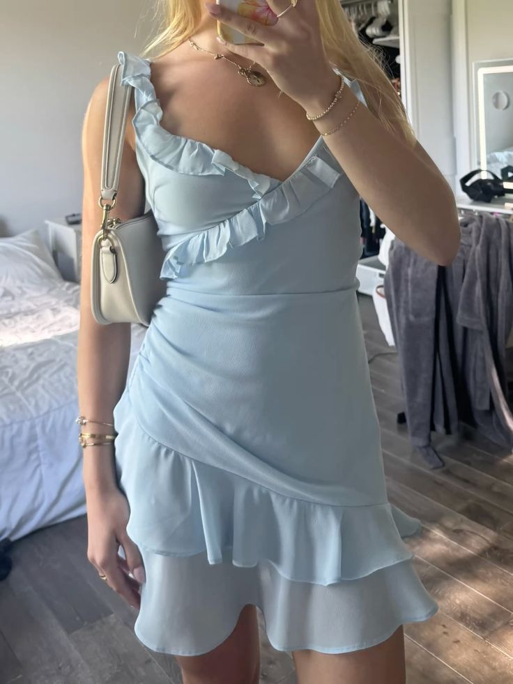 Sweet Light Blue Ruffled Chiffon Irregular 16th Birthday Homecoming Dress cc4452