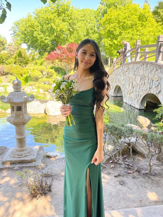 Elegant Green Mermaid Spaghetti Strap Slit Satin Long Prom Dress Evening Dress Bridesmaid Dress cc5156