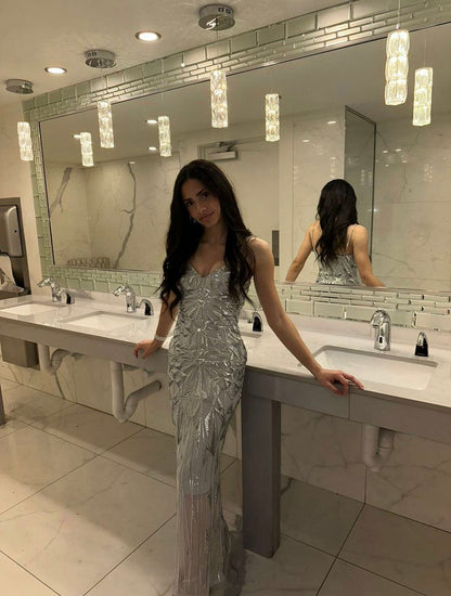 Luxurious Silver-Grey Mermaid Spaghetti Strap Geometric Sequin Long Prom Dress Evening Dress cc5162