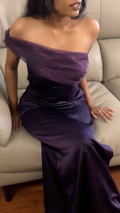 Elegant Purple Mermaid One-Shoulder Pleated Satin Long Prom Dress Evening Dress cc5165