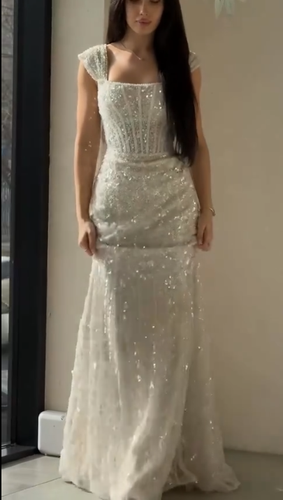 Elegant White Mermaid Square Neck Sequin Tulle Train Long Prom Dress Evening Dress cc5171