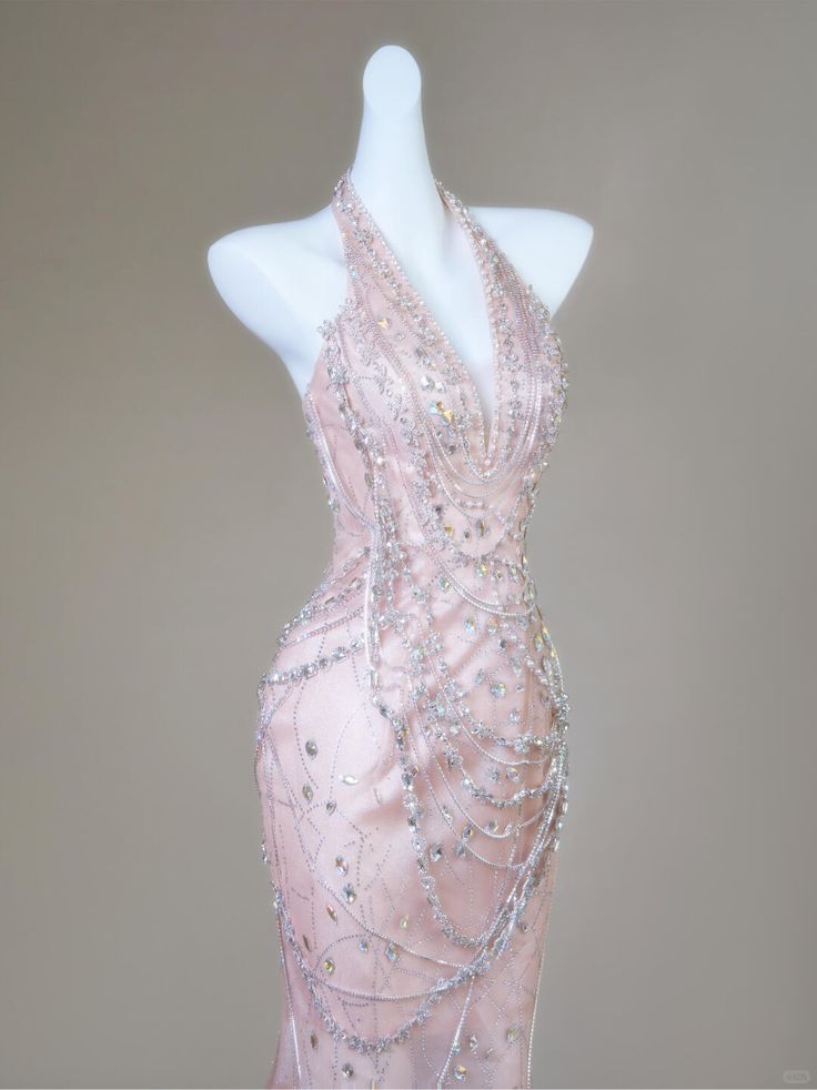 Dreamy Princess Pink Mermaid Halter V-Neck Rhinestone Beaded Tulle Long Prom Dress Evening Dress cc5178
