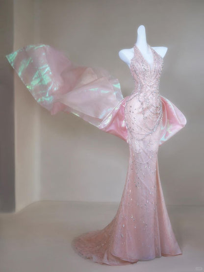 Dreamy Princess Pink Mermaid Halter V-Neck Rhinestone Beaded Tulle Long Prom Dress Evening Dress cc5178