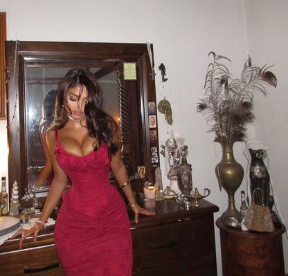 Vintage Burgundy Mermaid Spaghetti Strap Velvet Long Prom Dress Evening Dress cc5179