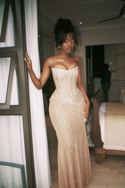 Sexy Nude Apricot Mermaid Strapless Rhinestone Tulle Long Prom Dress Evening Dress cc5180