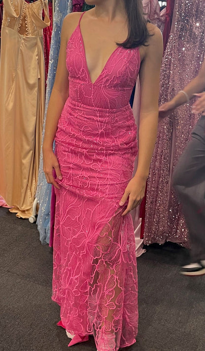 Beautiful Pink Mermaid Spaghetti Strap V-Neck Lace Long Prom Dress Evening Dress cc5182