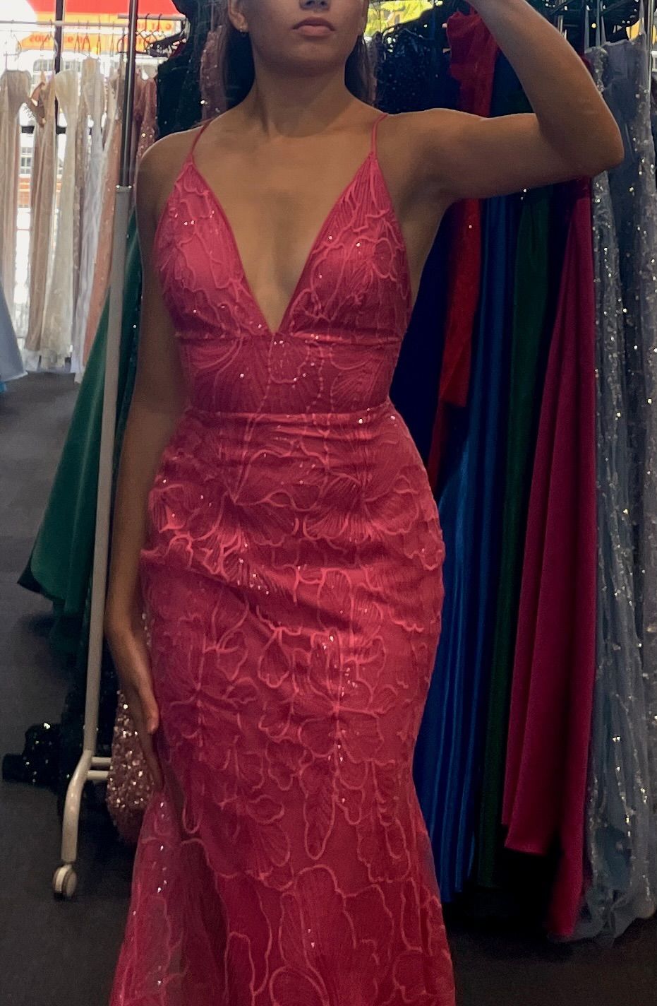 Beautiful Pink Mermaid Spaghetti Strap V-Neck Lace Long Prom Dress Evening Dress cc5182